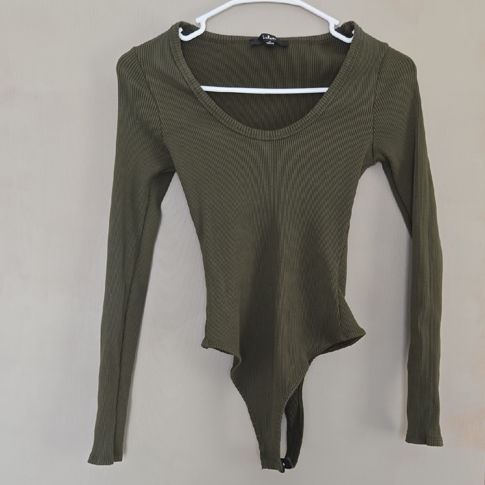 Lulus Olive Green Ribbed Long Sleeve Bodysuit